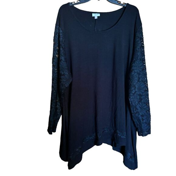 Avenue Top Women 26 28 Black Scoop Neck Lace Sleeves Stretch Asymmetrical Blouse - Picture 1 of 8